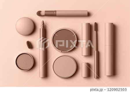 Mocha mousse brown makeup essentials in a chic flat lay arrangement 120902503