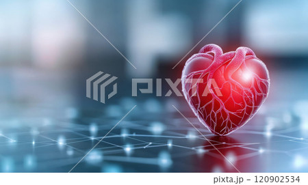 Emergency from heart attack concept. Glowing heart with veins on futuristic digital background 120902534