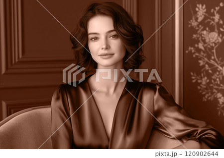 Portrait of a woman with mocha mousse brown hair satin blouse against beige home interior backdrop. Modern trendy tone hue shade 120902644
