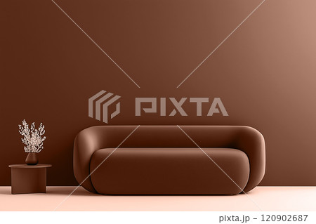 Sophisticated minimalist living room in rich mocha mousse brown color with copy space. Modern trendy tone hue shade 120902687