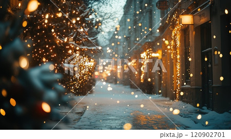 Snowy Winter street with a city street garland lights. Christmas decorated holiday festive New Year art design creating a warm and cozy atmosphere. Panorama banner 120902701