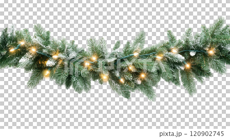 Christmas border frame with fir tree branches, ornaments, garland and pine cones. Winter holiday panorama banner on transparent 120902745