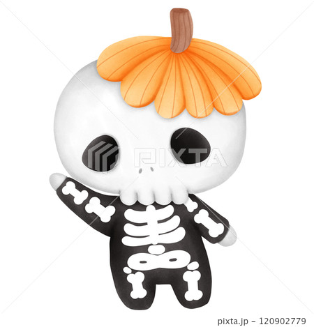 Halloween skeleton wearing a pumpkin hat 120902779