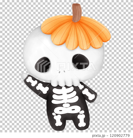 Halloween skeleton wearing a pumpkin hat 120902779