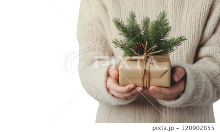 Person is holding a gift with a pine branch on top. Christmas holiday element transparent Person is holding a gift with a pine branch on top. Christmas holiday element transparent 120902855