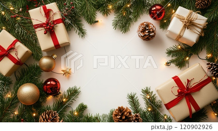 Christmas gift boxes on table background with bunch of gold balls and pine cones, copy space. Scandinavian cozy panorama banner format Christmas gift boxes on table background with bunch of gold balls and pine cones, copy space. Scandinavian cozy panorama banner format 120902926
