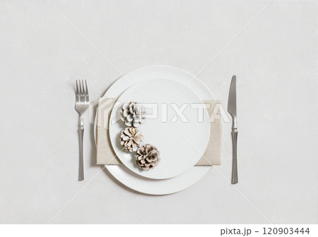 Table setting with silverware, napkin, cones and white plate on white background. Christmas or New Year dinner. Copy space. Top view, flat lay. Table setting with silverware, napkin, cones and white plate on white background. Christmas or New Year dinner. Copy space. Top view, flat lay. 120903444