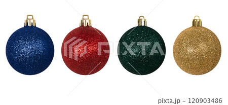 Christmas set of shiny bauble isolated on white background. Blue, red, green and golden festive decorations. Banner. Christmas set of shiny bauble isolated on white background. Blue, red, green and golden festive decorations. Banner. 120903486
