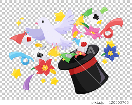 Illustration of various things popping out of a top hat as a magic trick 120903706