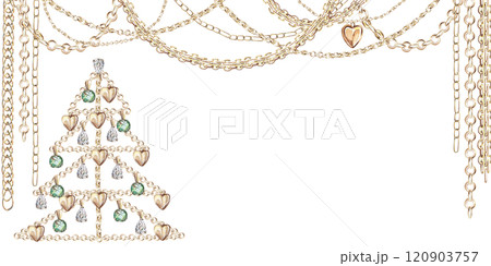 New Year tree made of gold chains. Isolated watercolor illustration on New Year, Christmas theme for design of postcards, invitations, holiday packaging. New Year tree made of gold chains. Isolated watercolor illustration on New Year, Christmas theme for design of postcards, invitations, holiday packaging. 120903757