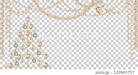 New Year tree made of gold chains. Isolated watercolor illustration on New Year, Christmas theme for design of postcards, invitations, holiday packaging. New Year tree made of gold chains. Isolated watercolor illustration on New Year, Christmas theme for design of postcards, invitations, holiday packaging. 120903757