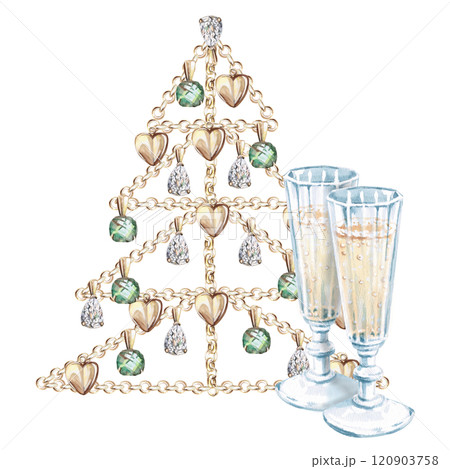 New Year tree made of gold chains and glasses with champagne. Isolated watercolor illustration on New Year, Christmas theme for design of postcards, invitations, holiday packaging 120903758