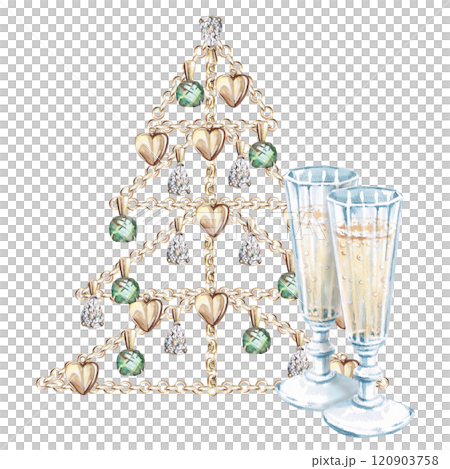 New Year tree made of gold chains and glasses with champagne. Isolated watercolor illustration on New Year, Christmas theme for design of postcards, invitations, holiday packaging 120903758