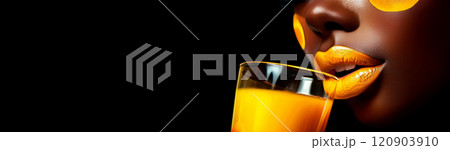 African-American Woman with Yellow Makeup Drinking Orange Juice - Generative Ai 120903910