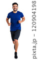 Marathon runner in blue shirt and black shorts, in action at diagonal angle, isolated transparent background 120904198
