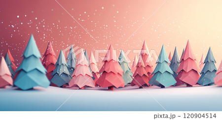 minimalist forest of stylized, low-poly Christmas trees against a gradient background. 120904514