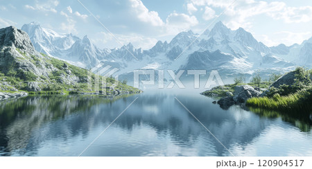 The tranquil mountain range and calm lake create a harmonious natural landscape. 120904517