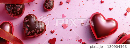 Valentines Day cards, wrapped gifts, and heart-shaped chocolates on a pink background. 120904568