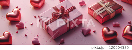 Valentines Day cards, wrapped gifts, and heart-shaped chocolates on a pink background. 120904580