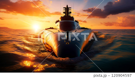 Close-up and Front View of Nuclear Military Submarine Sailing in the Open Sea - Generative Ai 120904597