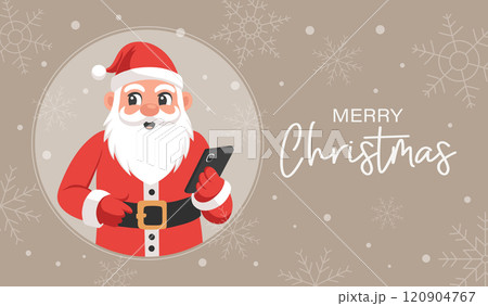 Cute Santa Claus with a smartphone in his hand on a background of snowflakes. Christmas and New Year greeting card. Flat style illustration. 120904767