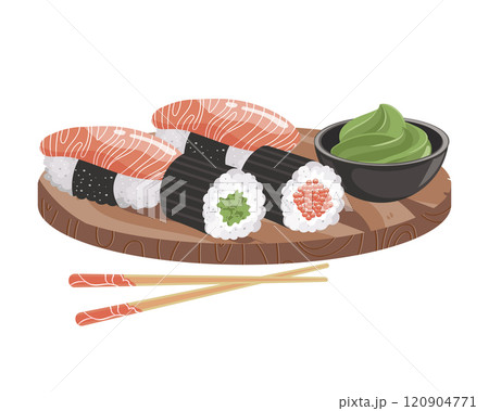 Sushi and rolls with wasabi sauce on a wooden tray. Asian cuisine. Illustration 120904771
