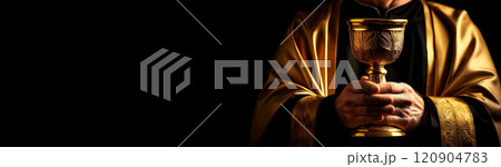 Close-up of Hands of a Priest Holding a Golden Chalice on Black Background - Generative Ai 120904783