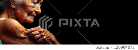 Elderly Woman Showing Loose Skin or Flab Due to Aging on Her Lower Arm - Generative Ai Elderly Woman Showing Loose Skin or Flab Due to Aging on Her Lower Arm - Generative Ai 120904873