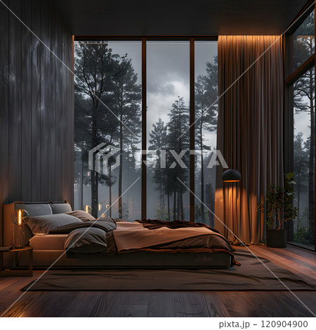 Cozy bedroom with forest view through large windows 120904900