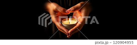 Female Hands Holding a Bright Votive Candle on a Black Background - Generative Ai Female Hands Holding a Bright Votive Candle on a Black Background - Generative Ai 120904955
