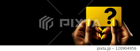 Female Hands Holding a Yellow Business Card with a Black Question Mark - Generative Ai Female Hands Holding a Yellow Business Card with a Black Question Mark - Generative Ai 120904956