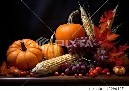 Autumn still life with pumpkins, corn and grapes. 120905074