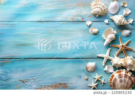 Summer time concept with sea shells and starfish on a blue wooden background. Copyspace 120905230