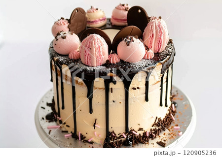 Beautiful festive chocolate cream cake decorated with bizet. Side view, close-up 120905236