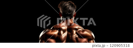 Muscular Man Back View of a Bodybuilder Athlete Isolated on a Black Background - Generative Ai 120905318