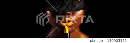 Mysterious Fashion Model Applying Yellow Lipstick on Soft Plump Lips - Generative Ai 120905321