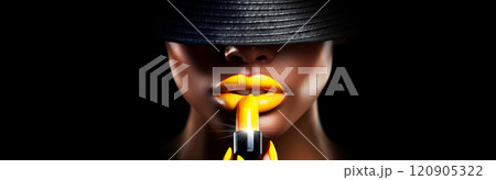 Mysterious Fashion Model Applying Yellow Lipstick on Soft Plump Lips - Generative Ai 120905322