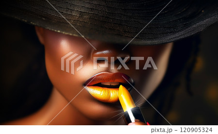 Mysterious Fashion Model Applying Yellow Lipstick on Soft Plump Lips - Generative Ai 120905324