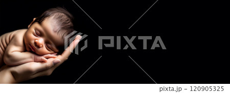 Newborn Baby Sleeping in the Mother Hands on a Black Background - Generative Ai 120905325