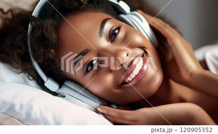 Portrait of a Young Beautiful African-American Woman Relaxing and Listening to Music - Generative Ai 120905352
