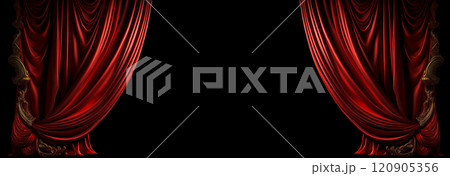Red Curtains of a Theater Isolated on a Black Background with Copy Space - Generative Ai 120905356