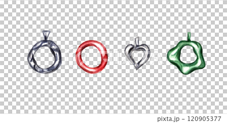 Shiny silver, red, green pendants of different shapes for bracelets and beads clip art illustration isolated background. Exquisite women's jewelry set to complete your look. For wedding design. Shiny silver, red, green pendants of different shapes for bracelets and beads clip art illustration isolated background. Exquisite women's jewelry set to complete your look. For wedding design. 120905377