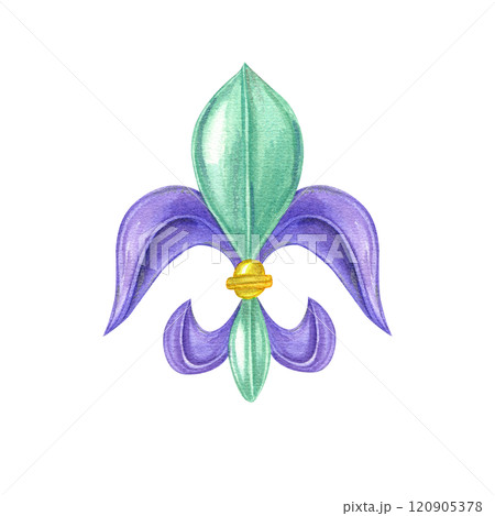 Watercolor Mardi gras fleur de lis symbol isolated background. Carnival purple, green and yellow element in lily flower shape. Decorative emblem for New Orleans parade invitation, greeting cards 120905378