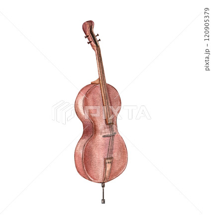 Watercolor wooden brown double bass with strings and stand illustration isolated background. Classic bowed contrabass musical instrument. Element for jazz festival design. carnival cards. Watercolor wooden brown double bass with strings and stand illustration isolated background. Classic bowed contrabass musical instrument. Element for jazz festival design. carnival cards. 120905379