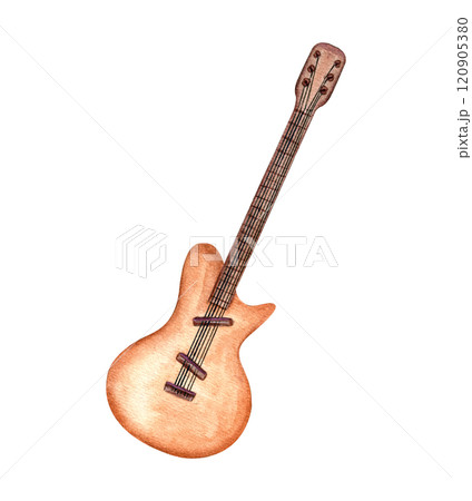 Watercolor brown musical stringed instrument, electric guitar illustration isolated background. Six string guitar clip art. Element for music website design, cards, music lesson posters, stickers. Watercolor brown musical stringed instrument, electric guitar illustration isolated background. Six string guitar clip art. Element for music website design, cards, music lesson posters, stickers. 120905380