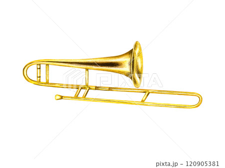 Watercolor classical shiny trombone illustration clip art. Hand painted musical golden metallic instrument. Side view. Element for orchestra greeting card, children music lesson design, stickers. 120905381