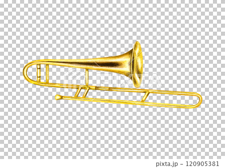 Watercolor classical shiny trombone illustration clip art. Hand painted musical golden metallic instrument. Side view. Element for orchestra greeting card, children music lesson design, stickers. 120905381