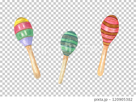 Three watercolor maracas with colorful striped ornaments illustration clip art isolated background. Musical percussion instrument for Cinco de mayo greeting cards, carnival invitations, stickers. Three watercolor maracas with colorful striped ornaments illustration clip art isolated background. Musical percussion instrument for Cinco de mayo greeting cards, carnival invitations, stickers. 120905382