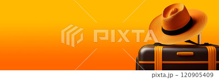 Suitcase or Luggage Bag With Straw Hat on an Orange-Yellow Background - Generative Ai 120905409