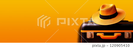 Suitcase or Luggage Bag With Straw Hat on an Orange-Yellow Background - Generative Ai 120905410